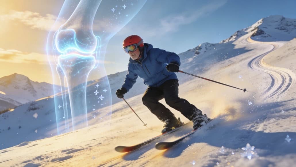 An athlete skiing downhill with a digital overlay of a knee joint, highlighting stem cell therapy fo.