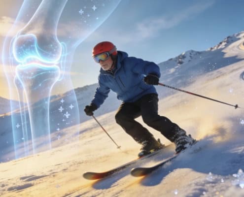 An athlete skiing downhill with a digital overlay of a knee joint, highlighting stem cell therapy fo.