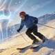 An athlete skiing downhill with a digital overlay of a knee joint, highlighting stem cell therapy fo.