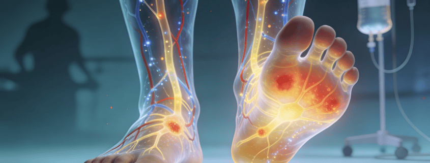 Digital illustration of nerves and pain points in feet for neuropathy treatment.