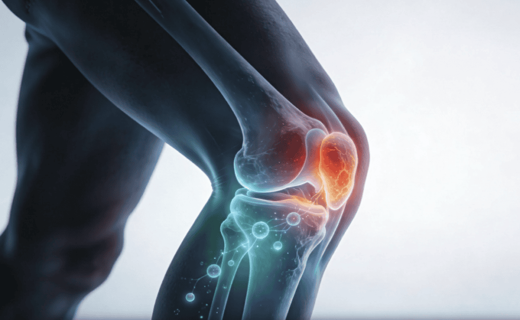 Close-up of inflamed knee joint highlighting pain and swelling in the knee area.