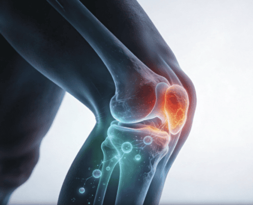 Close-up of inflamed knee joint highlighting pain and swelling in the knee area.