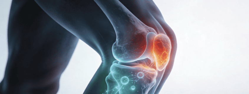 Close-up of inflamed knee joint highlighting pain and swelling in the knee area.