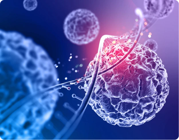 Medical image showing close-up medical illustration of cells with a DNA-like strand in pink and blue tones