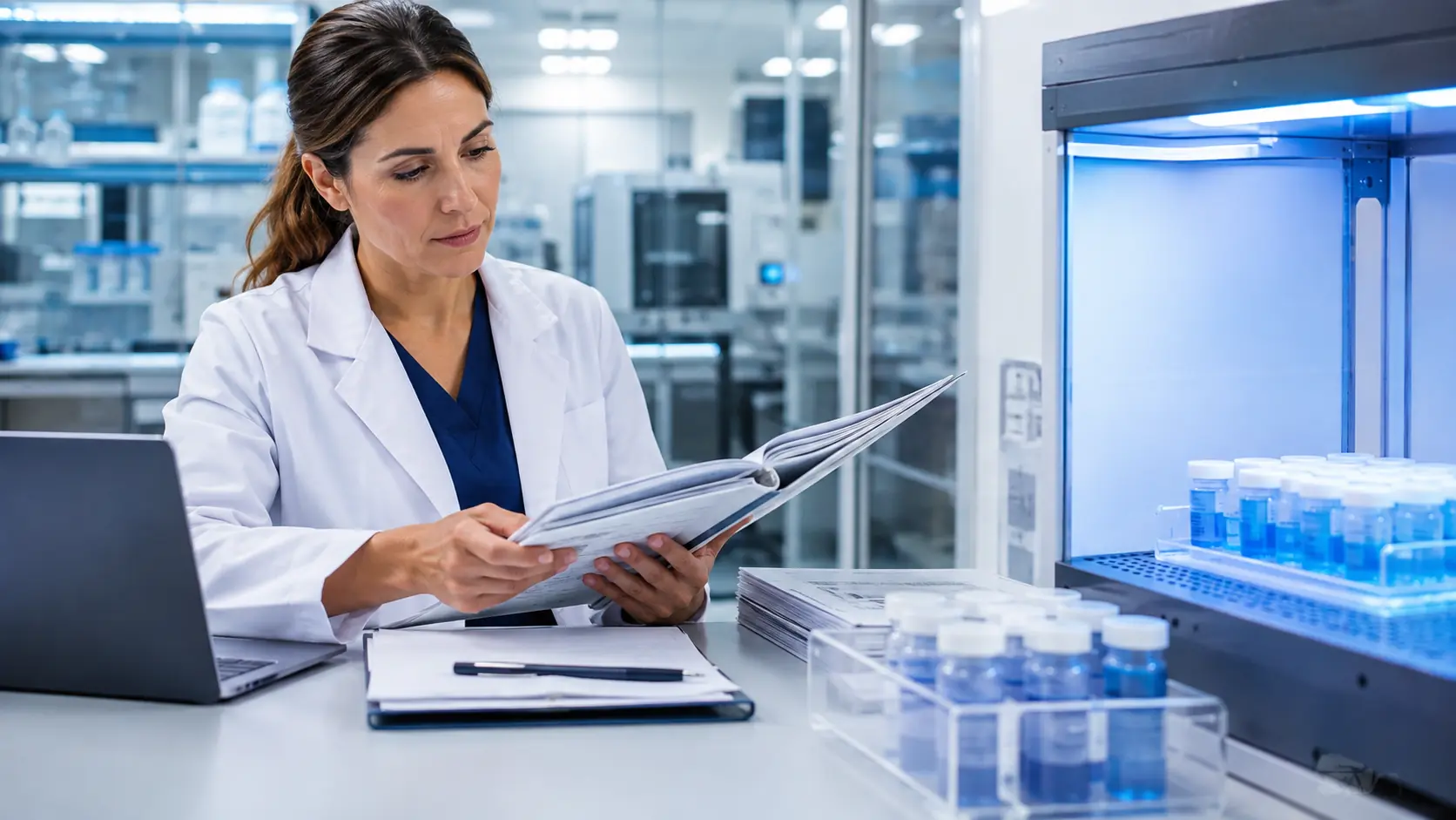 Medical professional reviewing cellular therapy documents and laboratory samples