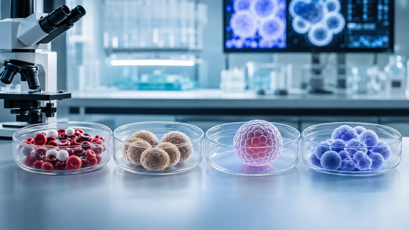 Different types of stem cells displayed in laboratory culture dishes