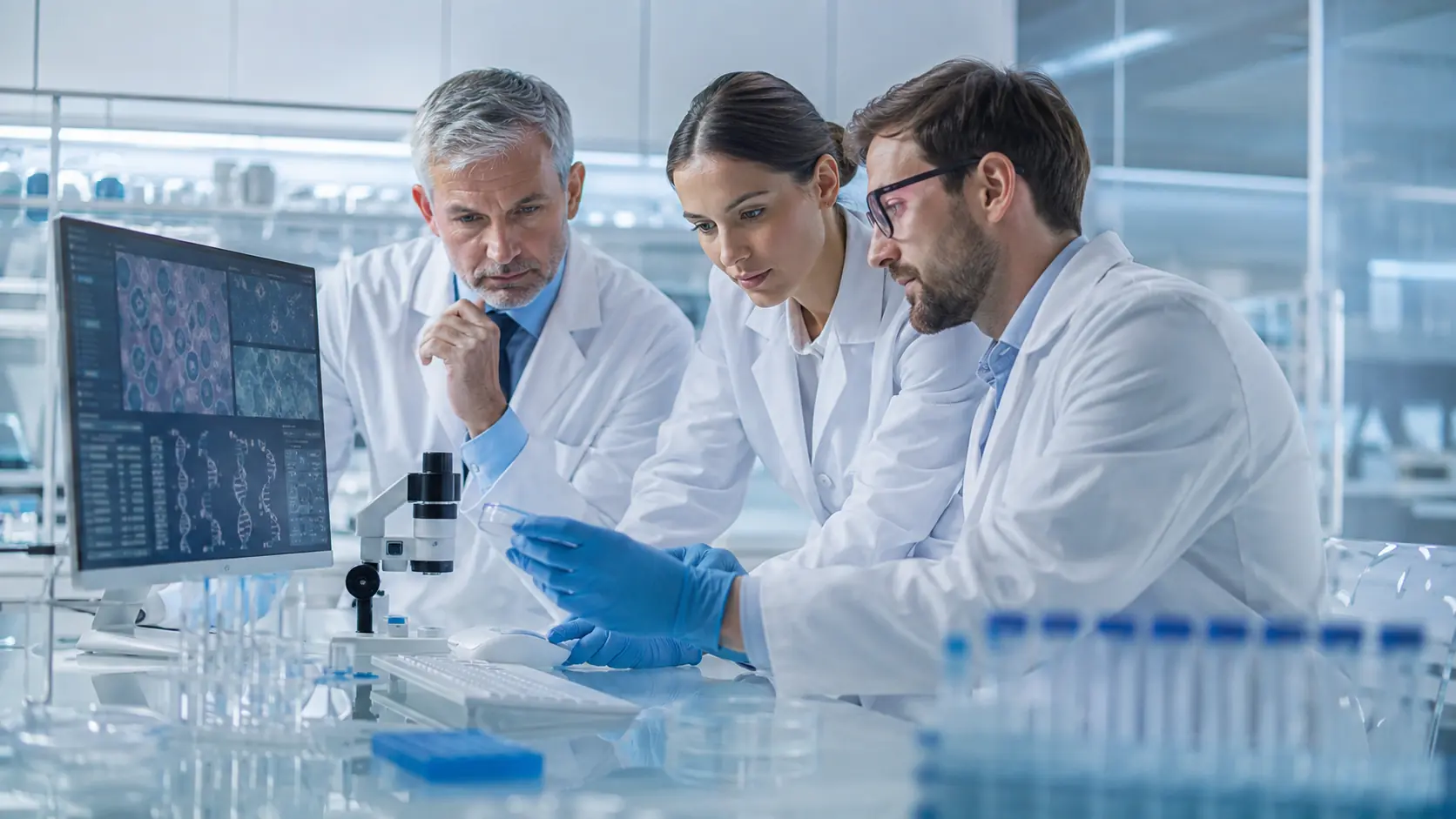 Scientists reviewing investigational stem cell research in a laboratory