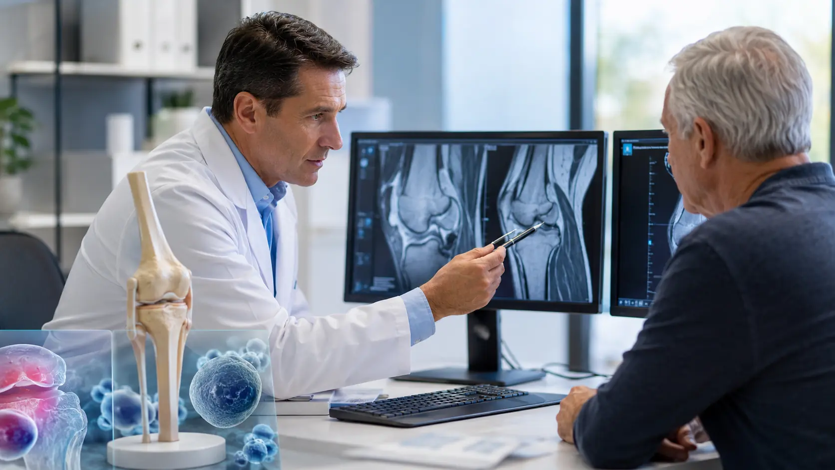Orthopedic doctor reviewing knee arthritis imaging with a patient