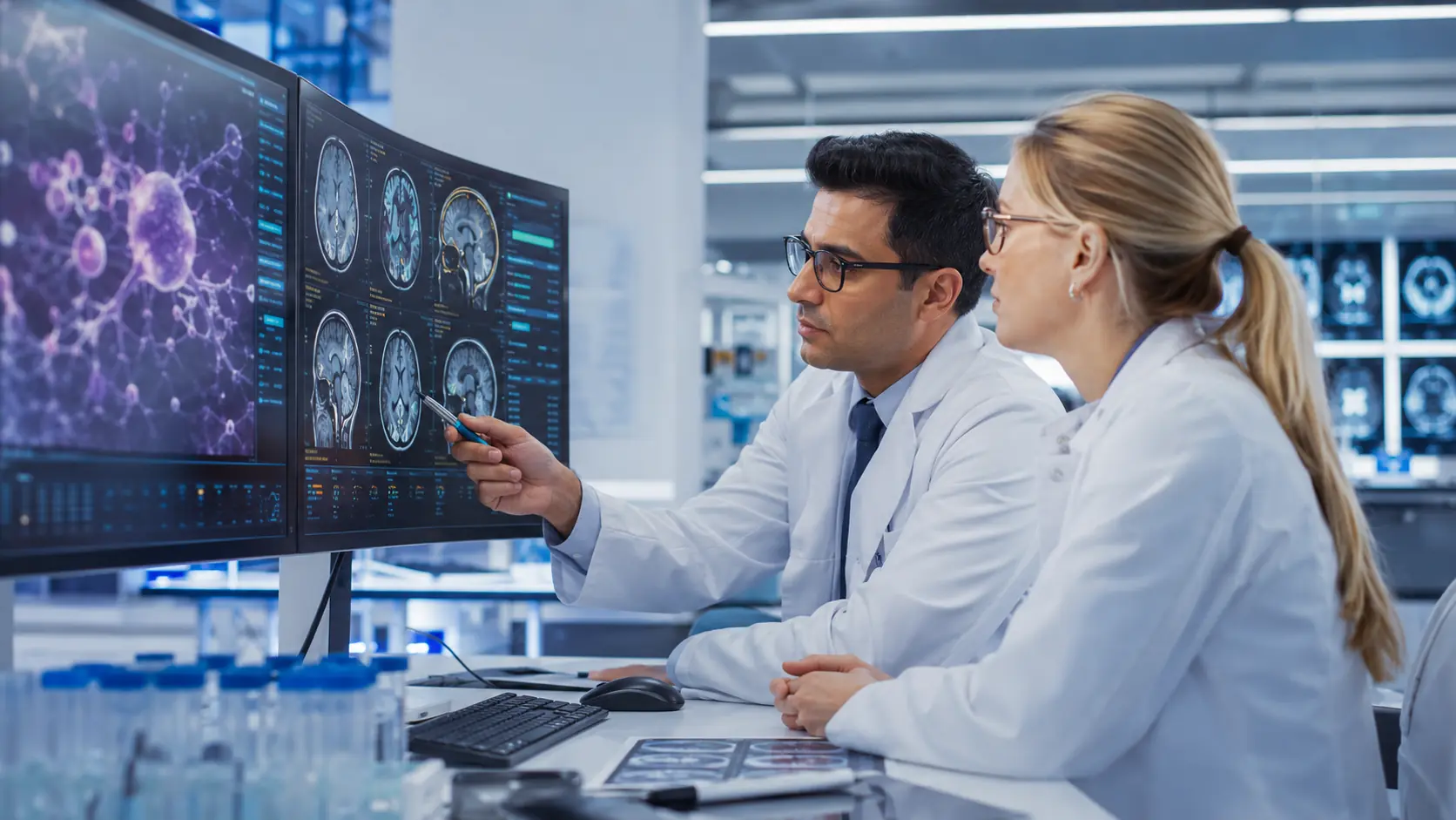 Medical researchers examining brain scans and cellular therapy research