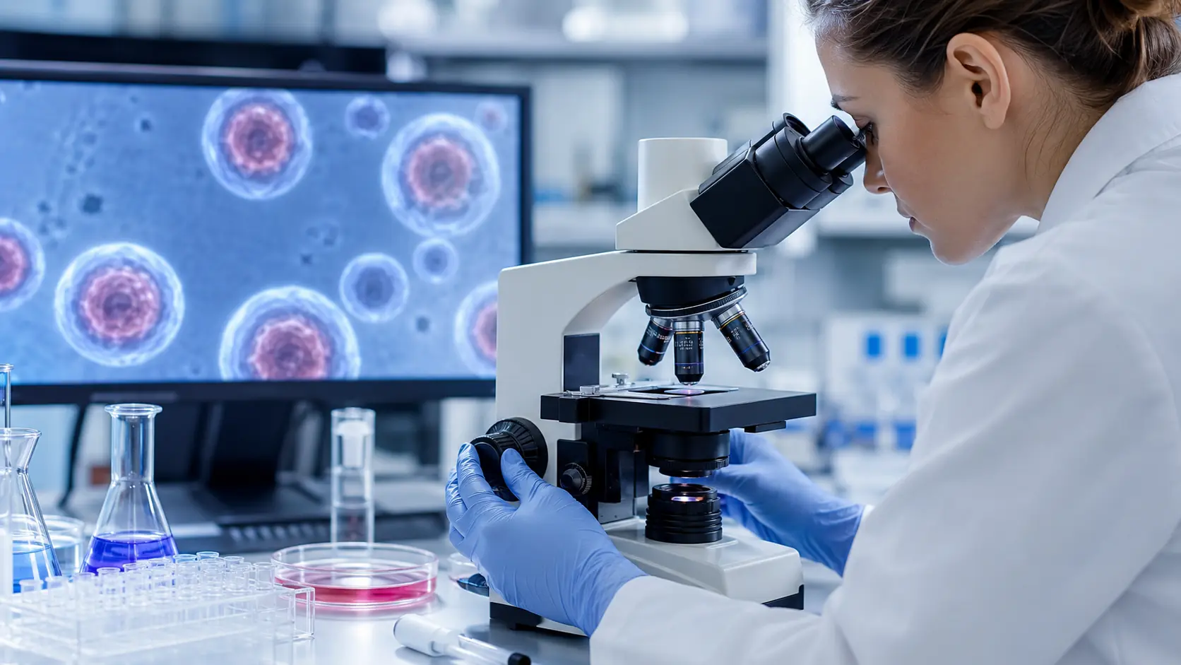 Researcher studying stem cells through a laboratory microscope