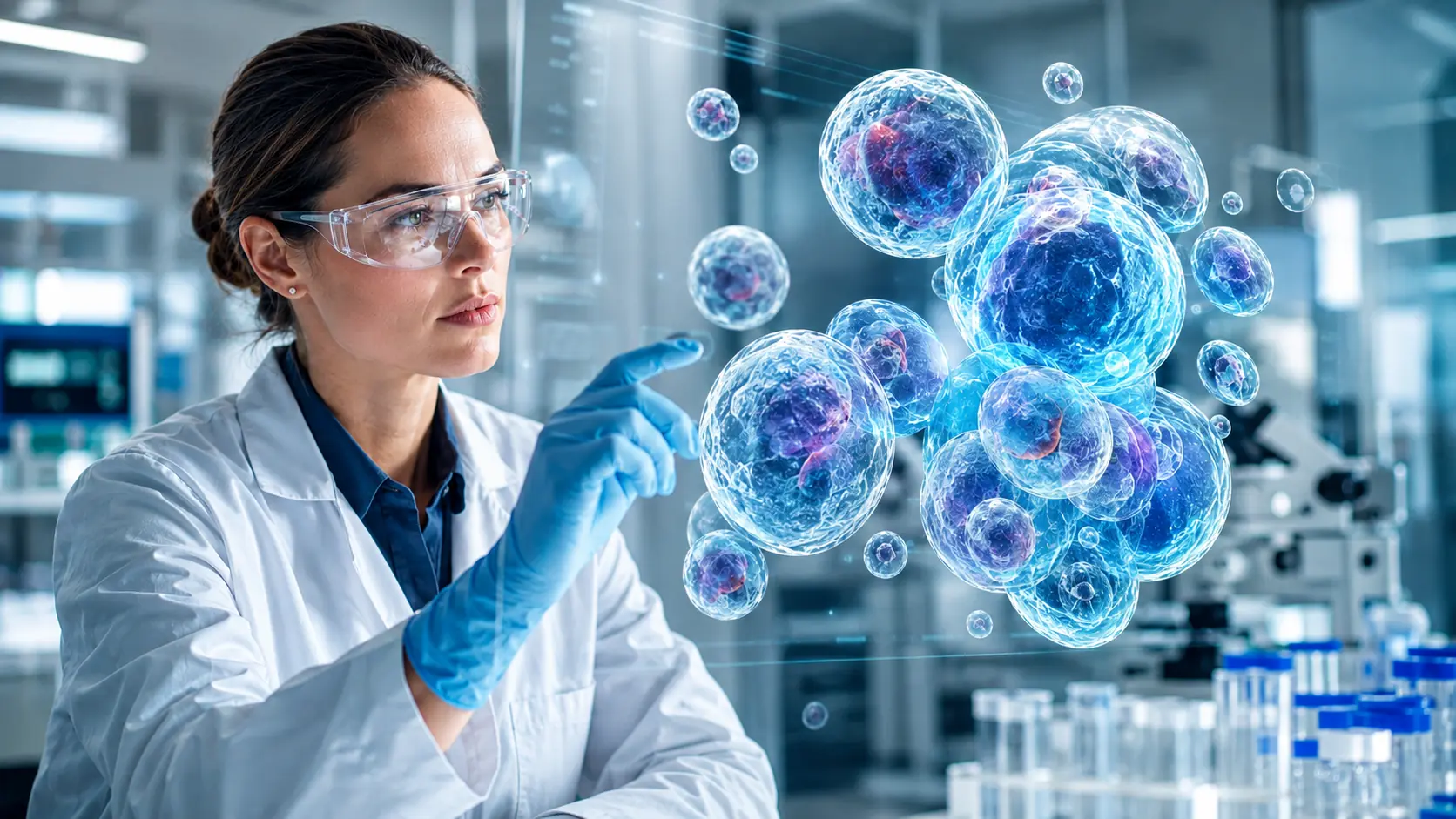 Medical researcher examining stem cells in a modern regenerative medicine laboratory