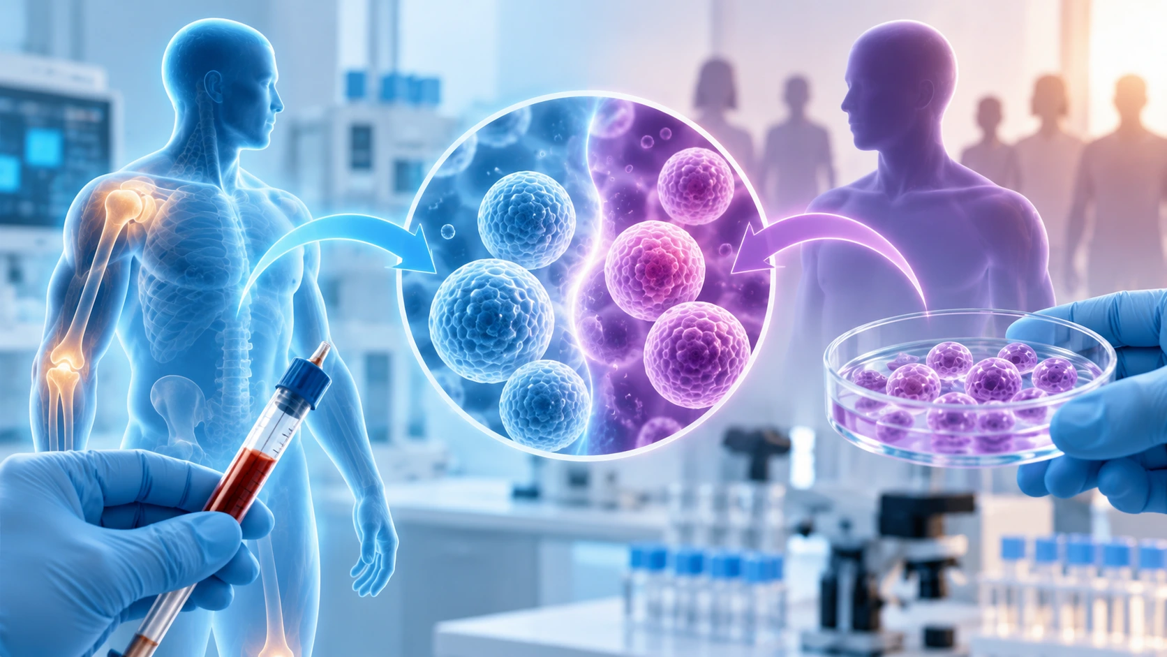 Autologous and donor stem cells compared in a modern medical laboratory with patient-derived cells, donor-derived cells, and magnified stem cell imagery.