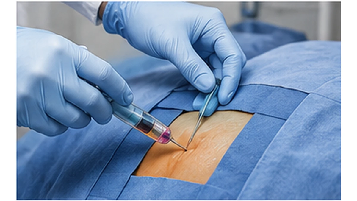 Medical professional performing bone marrow aspiration