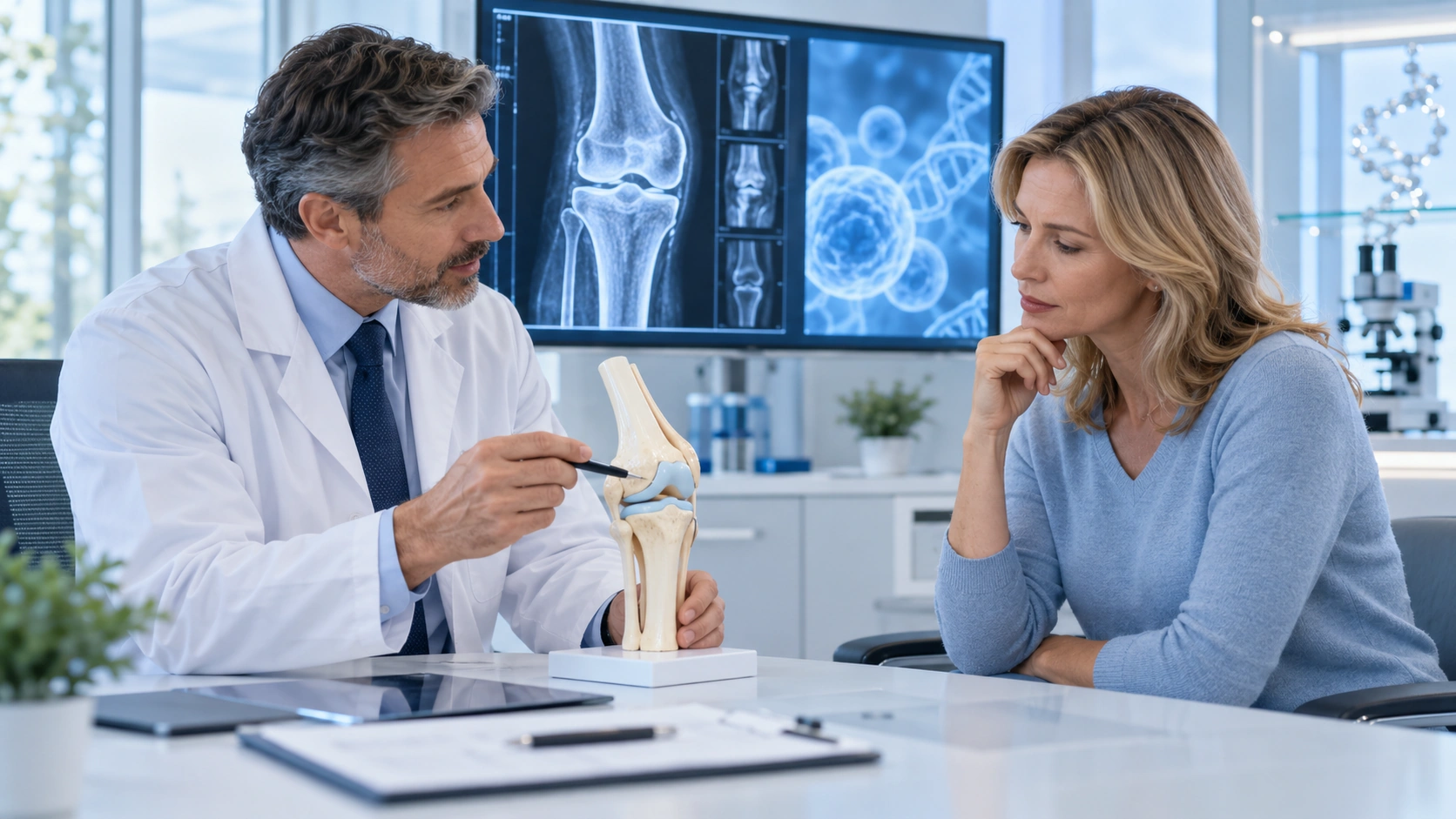 Doctor discussing stem cell therapy options with a patient using knee imaging
