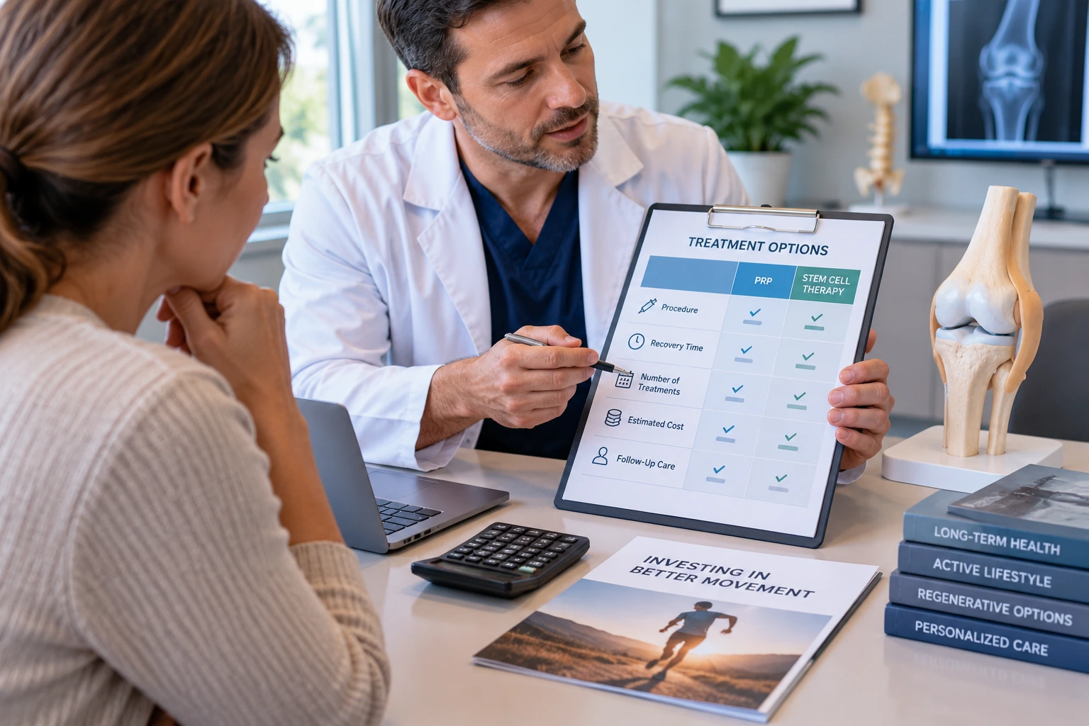 Doctor comparing PRP and stem cell therapy costs, procedures, recovery, and follow-up care