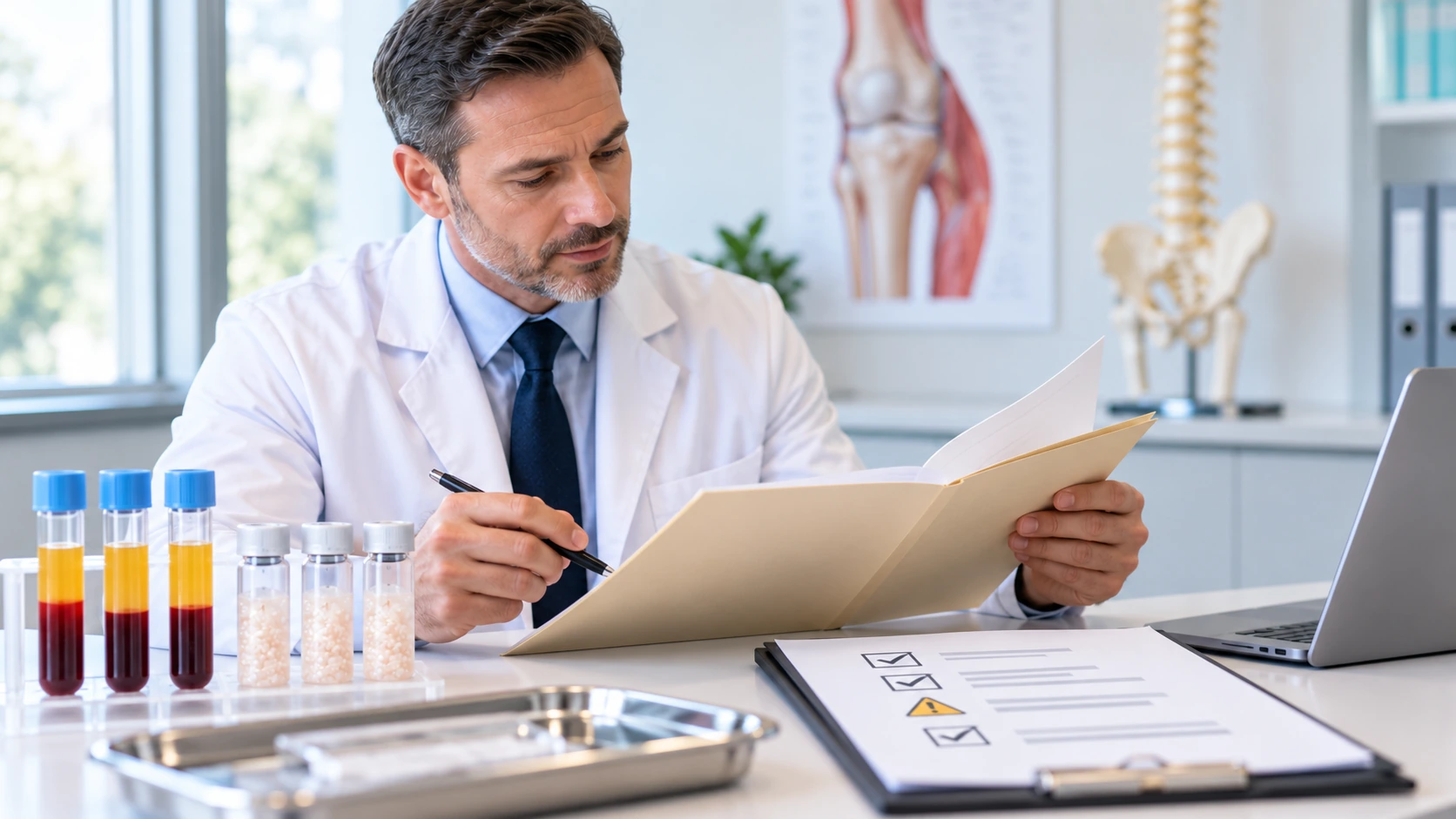 Doctor reviewing regulatory and safety information for PRP and regenerative cell-based treatments