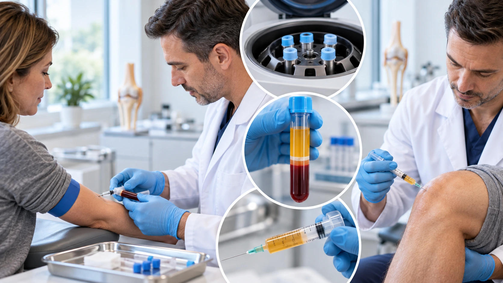 Doctor preparing platelet-rich plasma from patient blood before a PRP knee injection