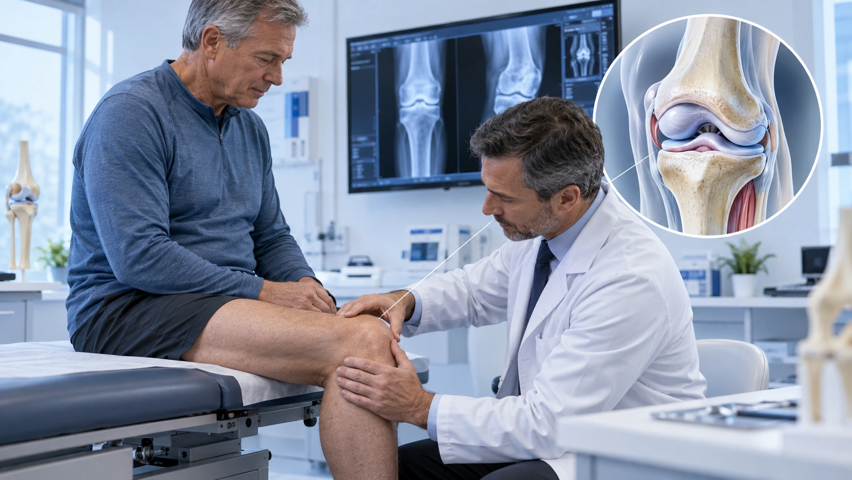 Doctor examining knee joint before choosing an injection treatment