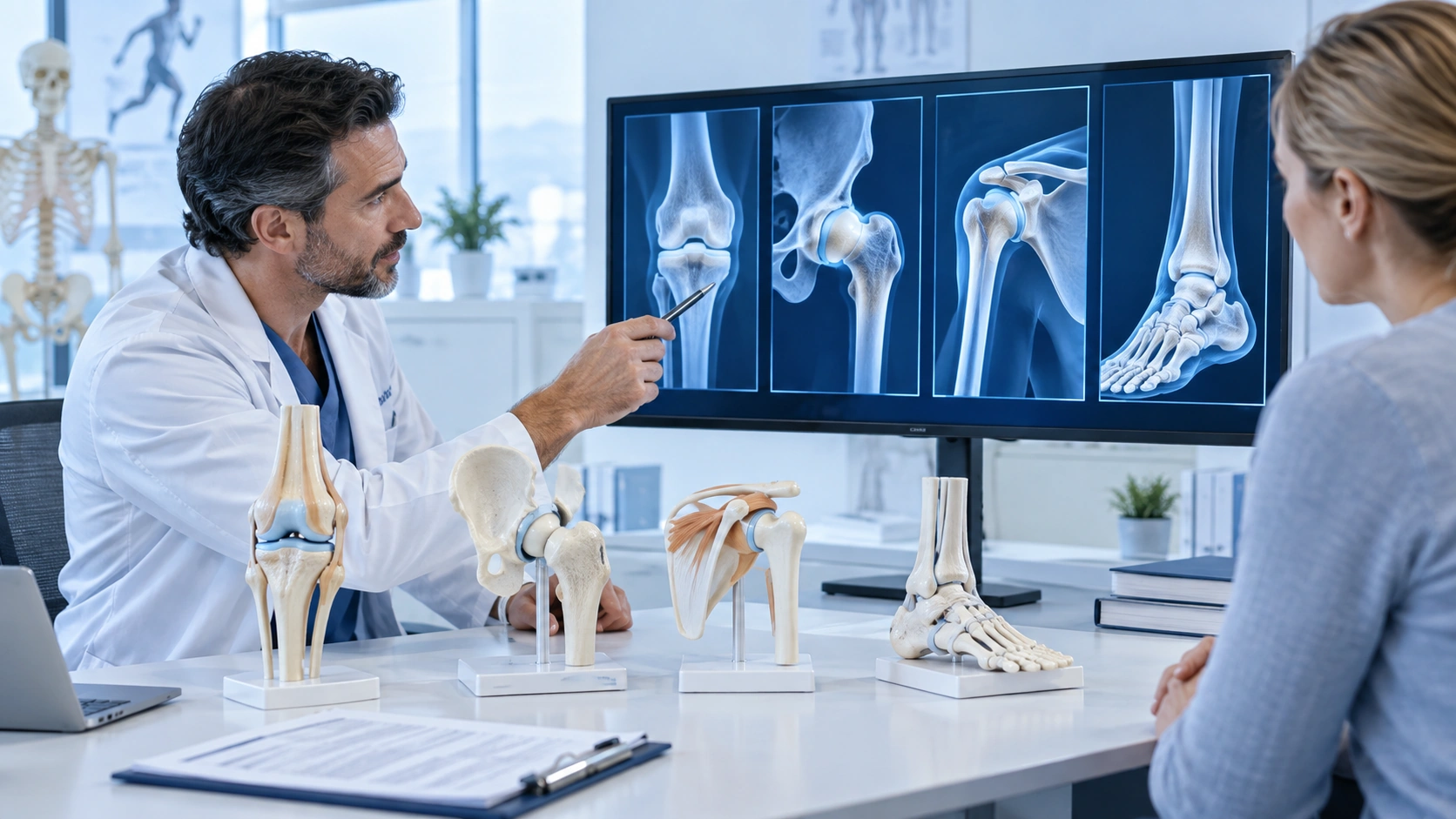 Doctor comparing knee hip shoulder and ankle joint treatment options
