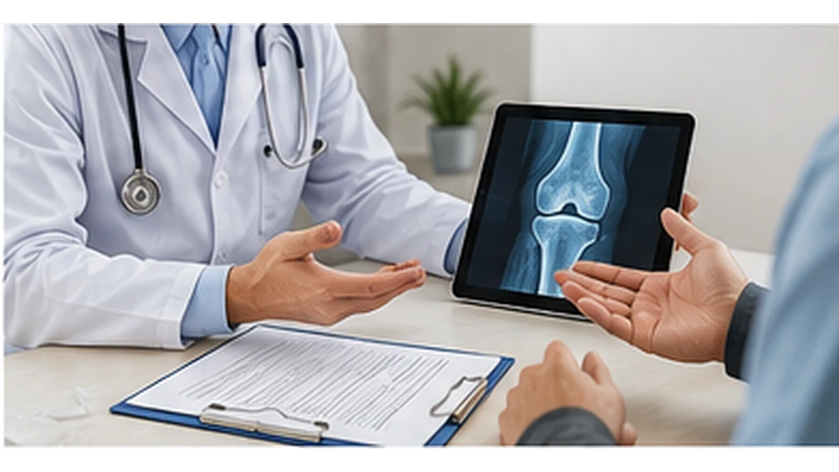 Doctor reviewing knee imaging during regenerative medicine consultation