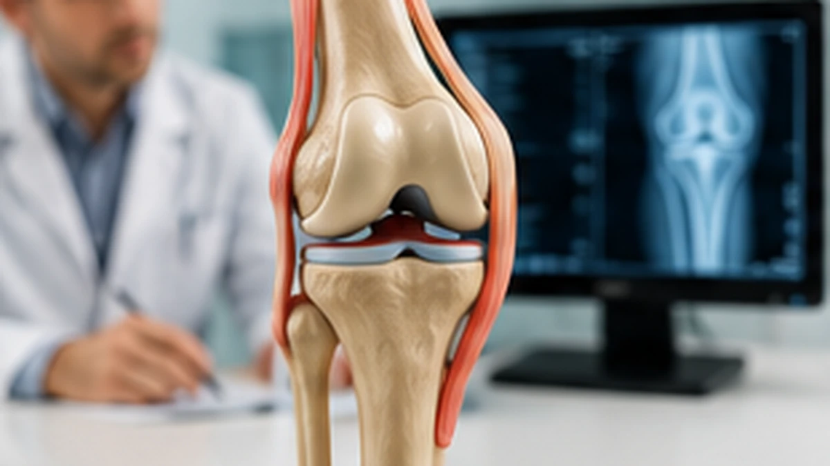 Doctor evaluating a knee model and medical imaging