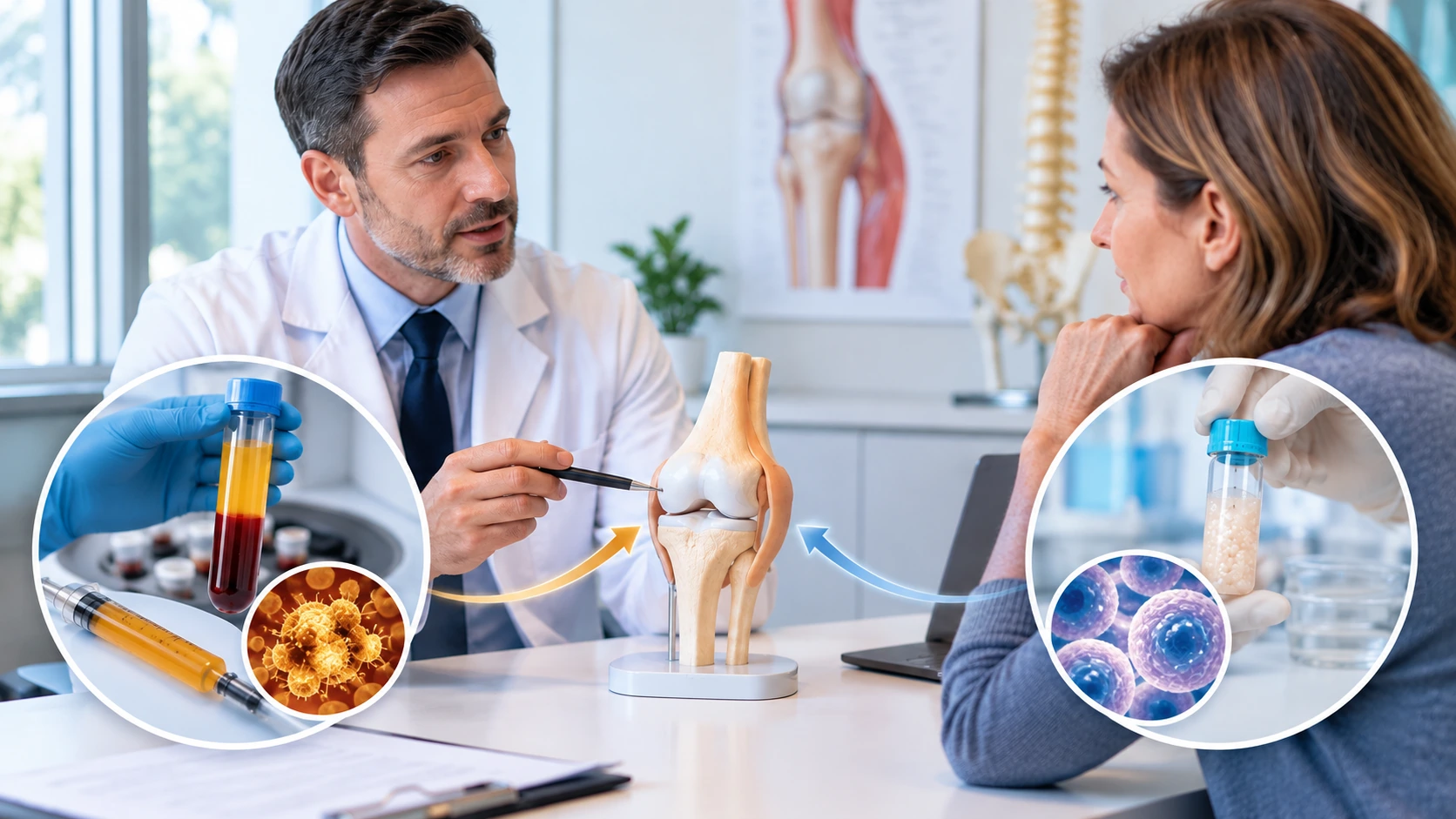 Doctor discussing PRP and stem cell therapy options with a patient experiencing knee joint pain