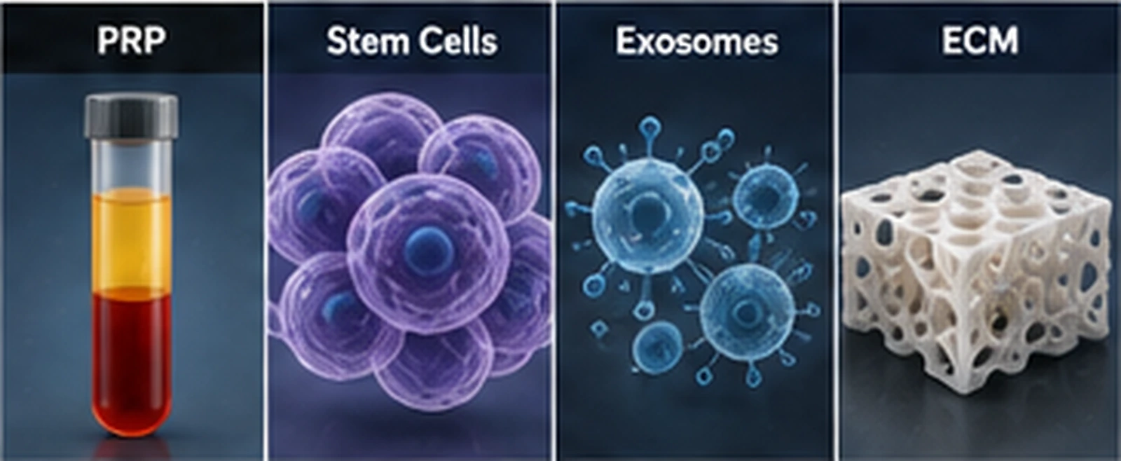 Comparison of PRP, stem cells, exosomes, and extracellular matrix