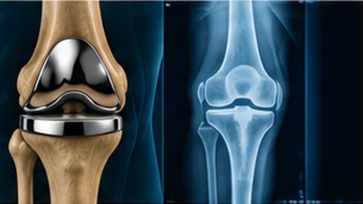 Knee replacement implant beside knee X-ray