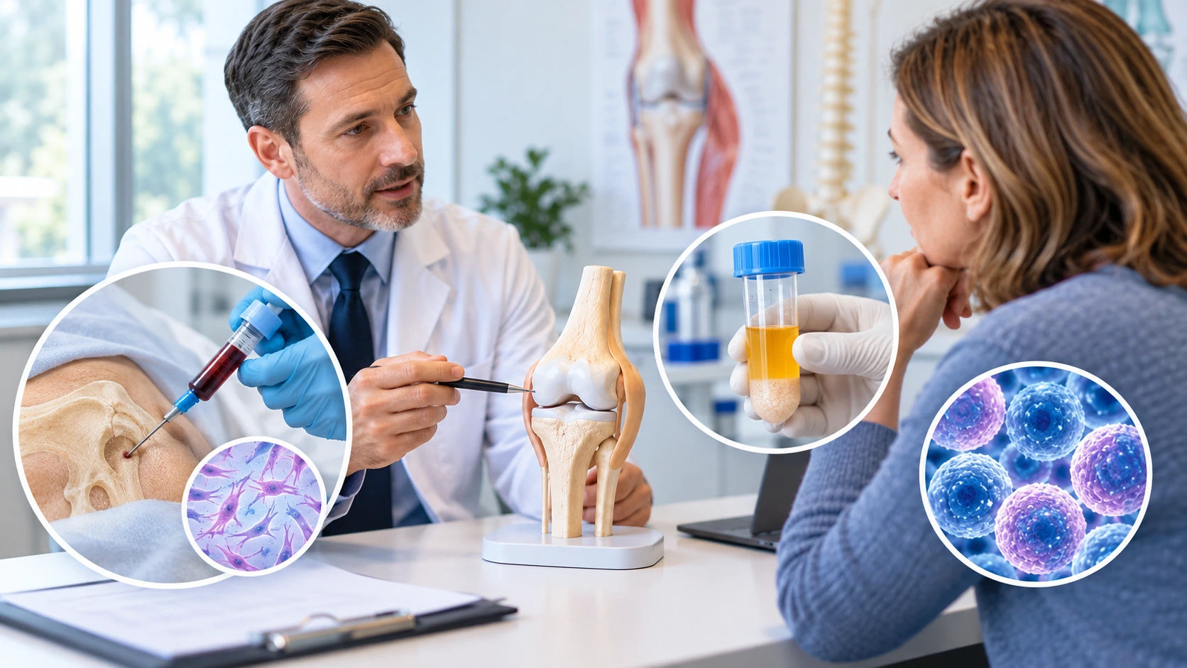 Orthopedic doctor explaining cell-based therapy options for knee joint treatment