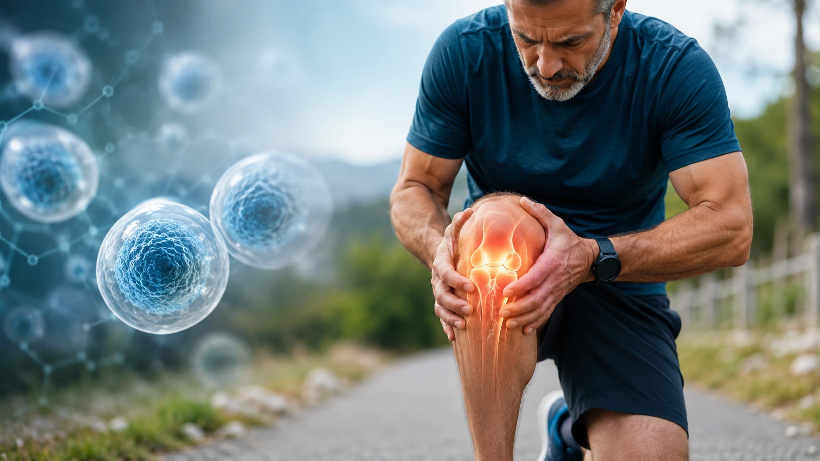 Man holding painful knee with stem cell therapy concept for knee osteoarthritis