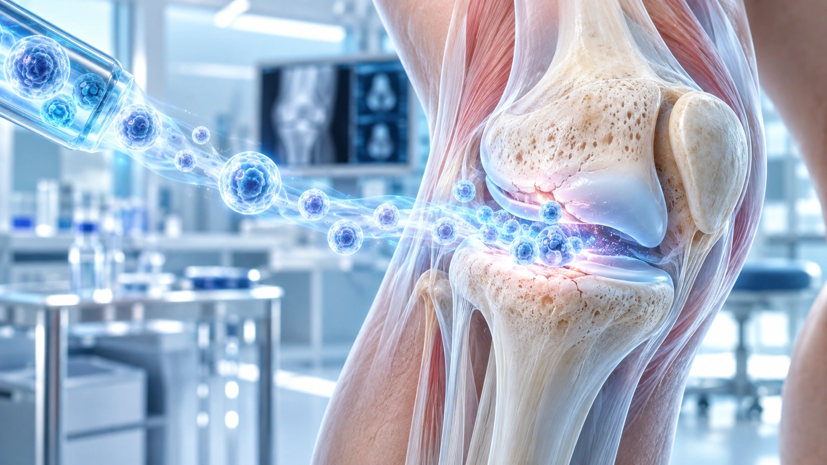 Stem cells moving toward damaged knee cartilage in regenerative joint therapy