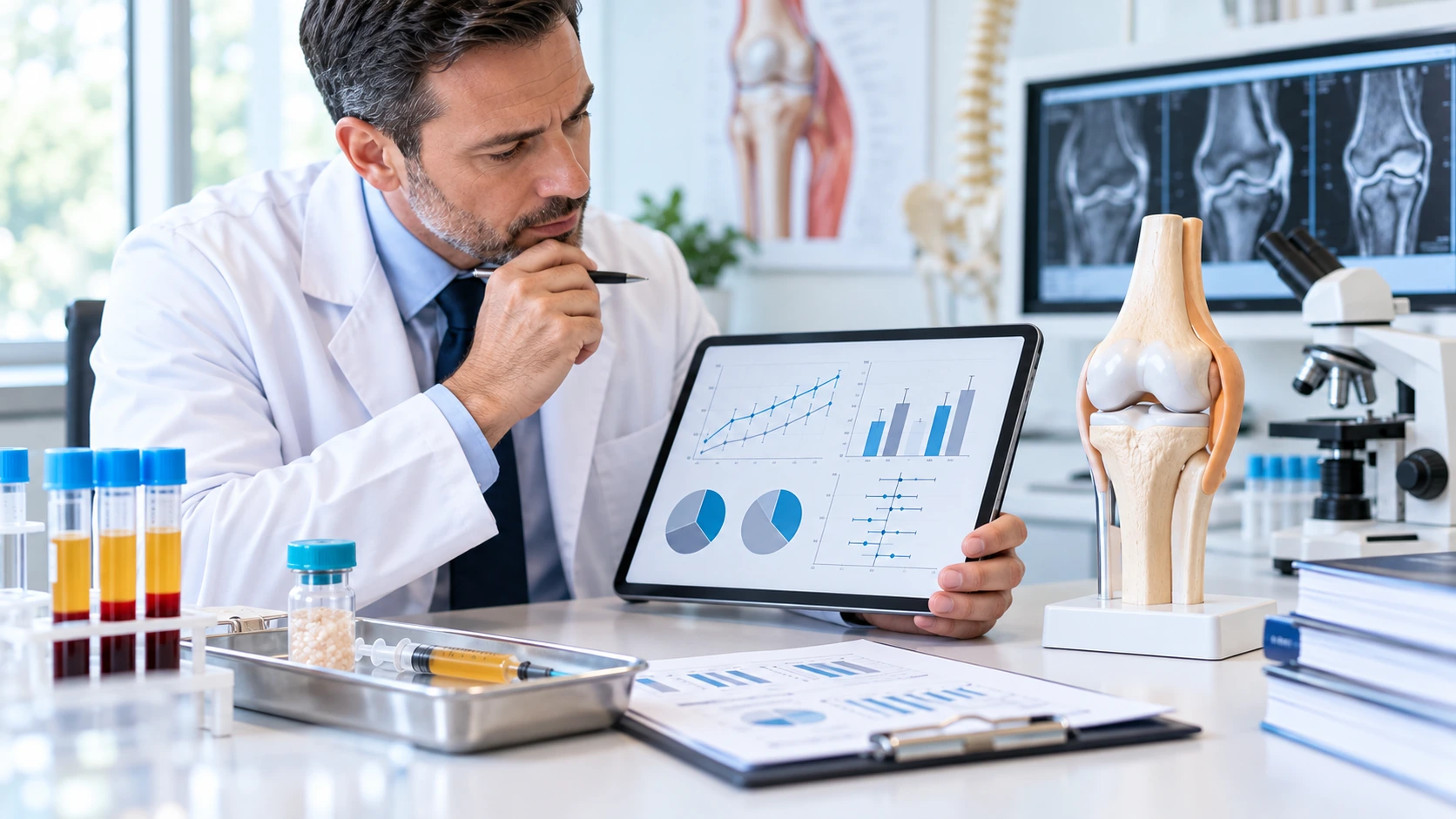 Doctor reviewing clinical research comparing PRP and stem cell therapy for knee osteoarthritis
