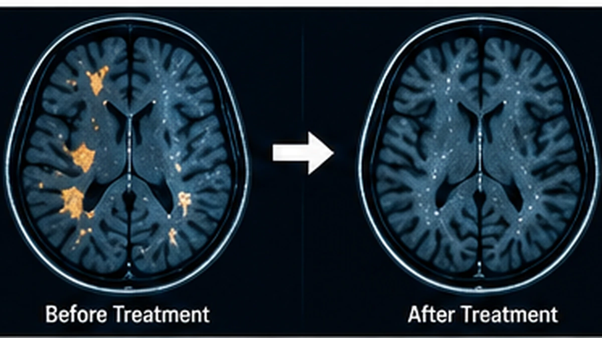Brain MRI comparison illustrating reduced inflammatory activity in multiple sclerosis