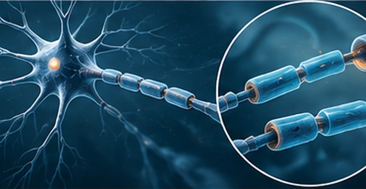 Damaged nerve and myelin illustration representing stem cell research for nerve repair