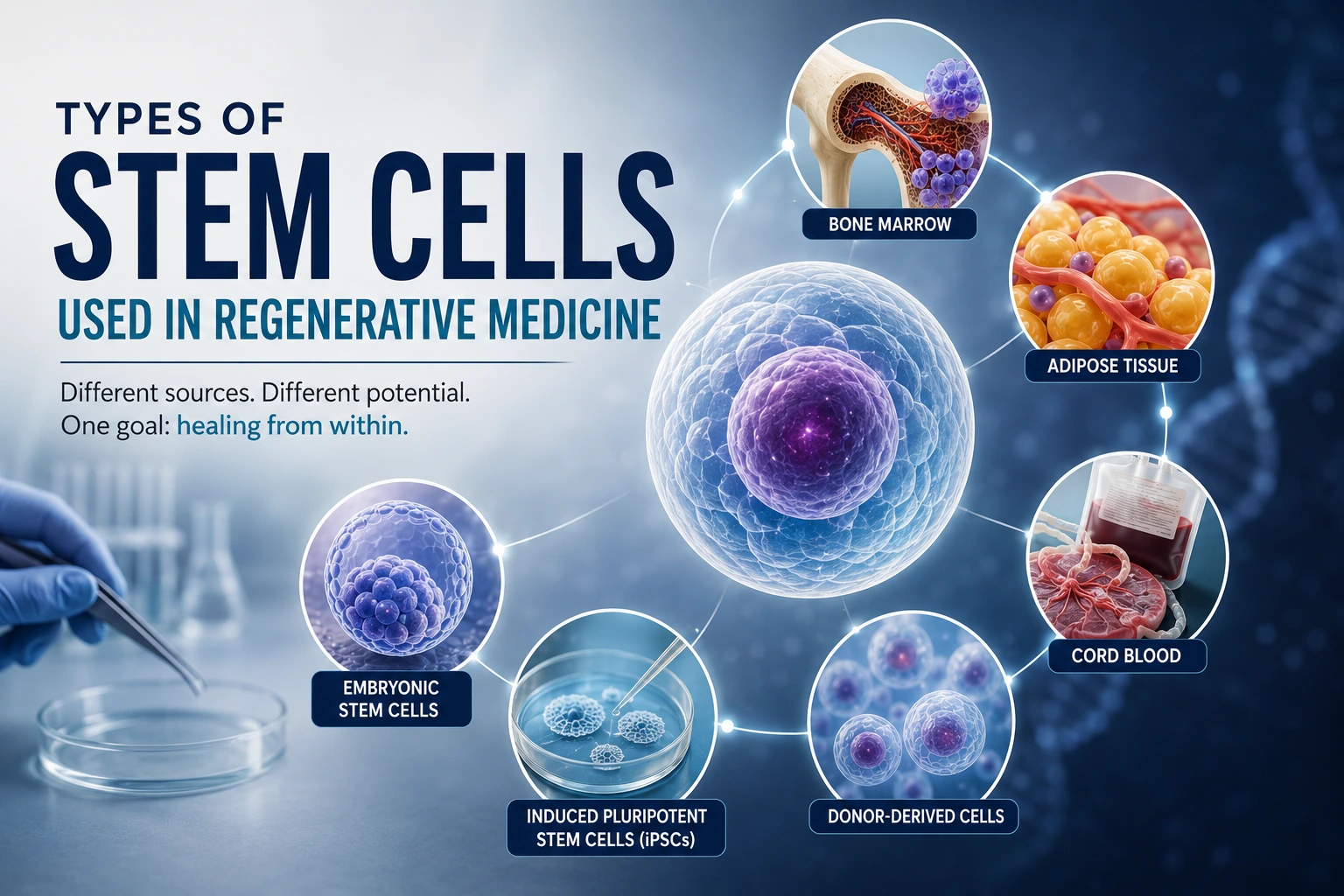 Types of stem cells used in regenerative medicine, including bone marrow, adipose tissue, cord blood, donor-derived cells, embryonic stem cells, and iPSCs