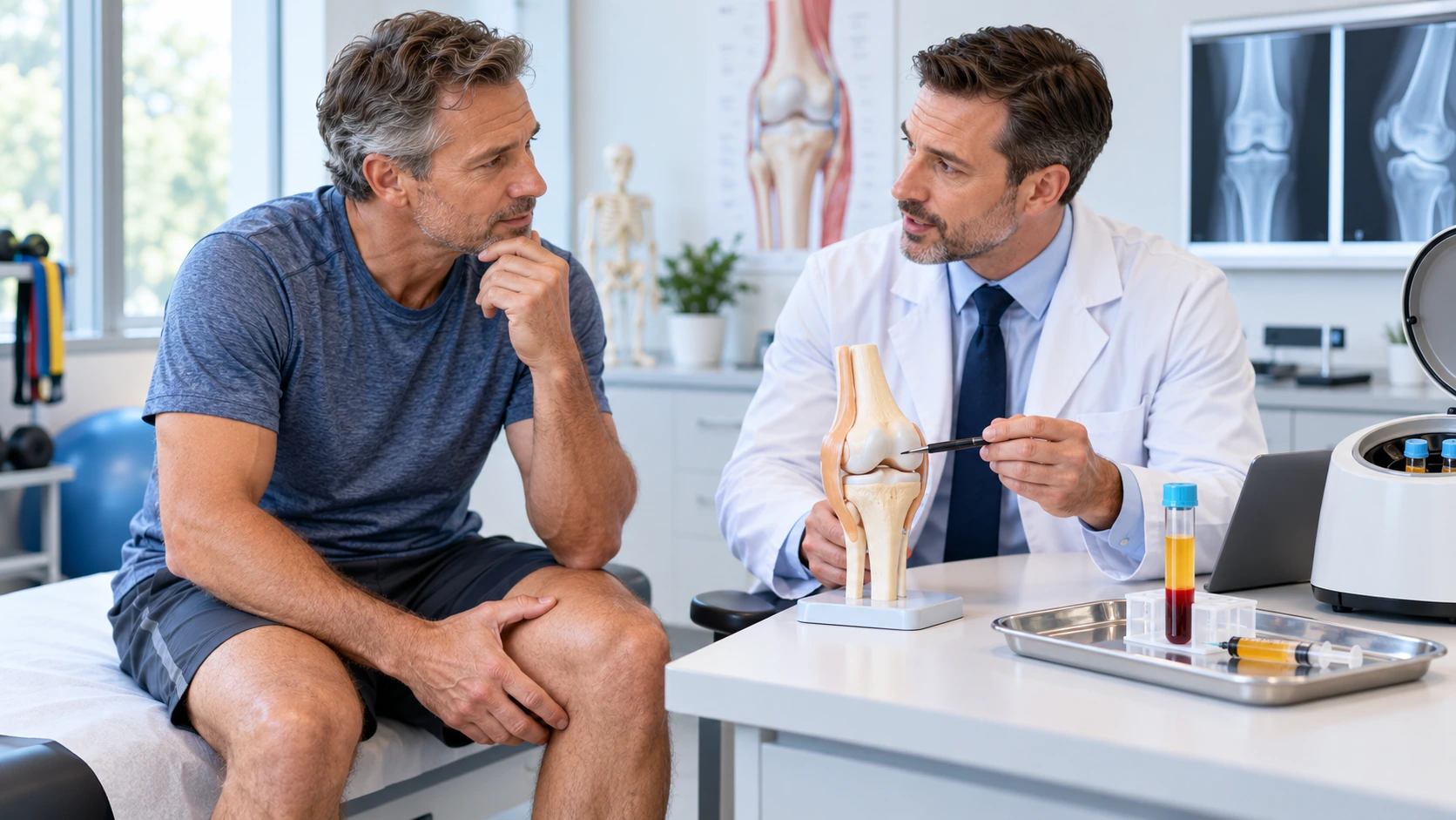 Orthopedic doctor discussing PRP candidacy with an active patient experiencing knee pain
